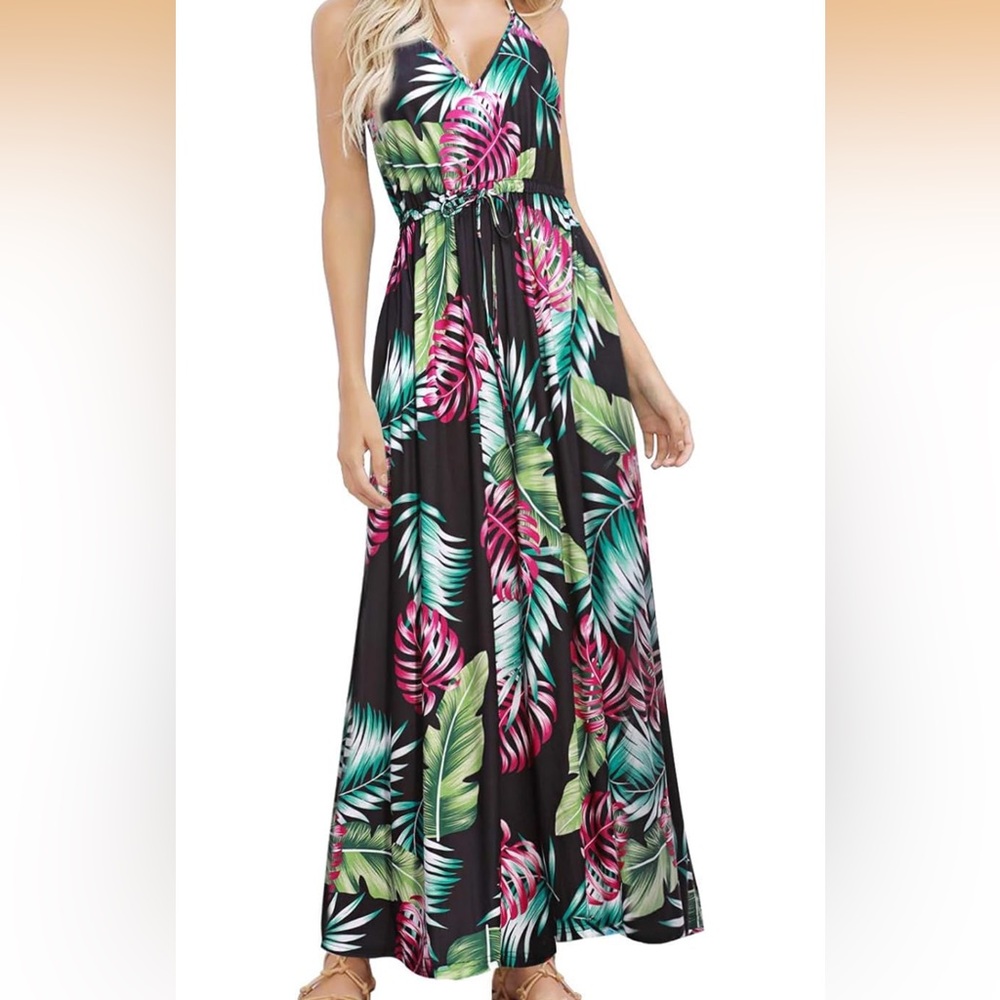 HUSKARY Tropical Print Resort Wear Sleeveless Maxi Dress